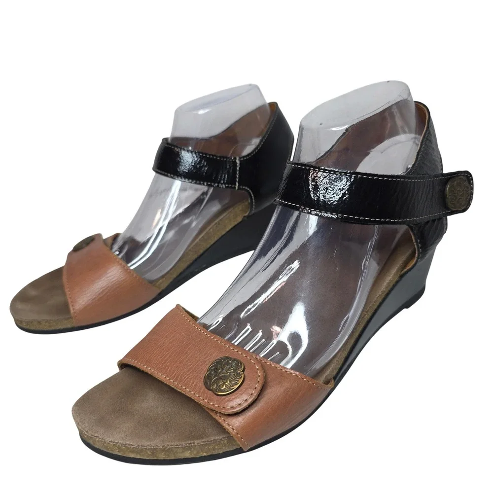 Taos Women's Wedge Sandals Patten Black Tan Leather Ankle‎ Strap Size 41 Comfy